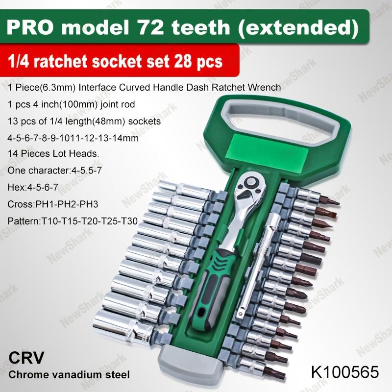 28pcs 1/4 inch Ratchet Socket Wrench Kit Driver, with 4mm-14mm Socket, 72Tooth Ratchet Wrench, Release Ratchet Handle