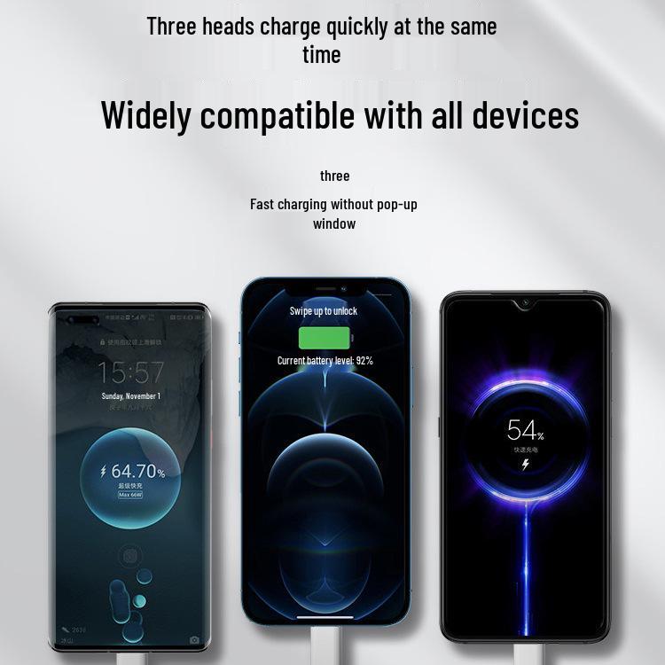 Andmai 100W Multi-Head Fast Charging Cable, Compatible with Apple, Three-in-One Design for Car Use.