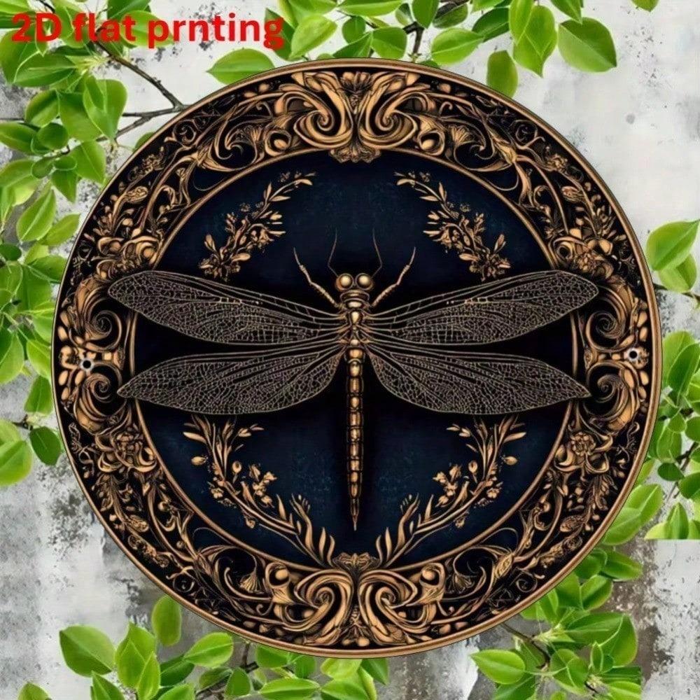 Vintage Dragonfly Floral Metal Wall Art 2D Flat Aluminum Sign Blue Gold Home Decor