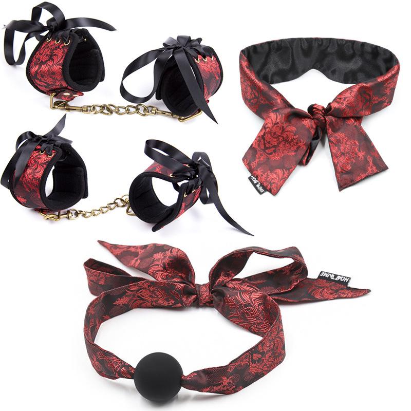 Retro Court Chinese Style Fabric Restraint Set: Foot Cuffs, Gag Ball, Eye Mask, Leash, Collar.