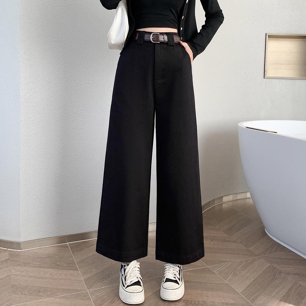 Women's Petite High-Waisted Tencel Washed Cotton Wide-Leg Slimming Cropped Pants