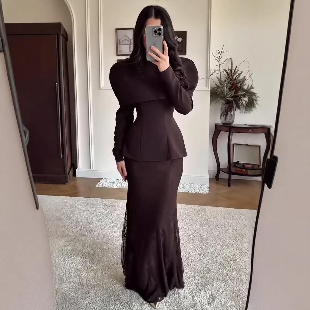 Cross-border European and American women's clothing Amazon slim-fit round neck long-sleeved waist commuting temperament straight skirt set