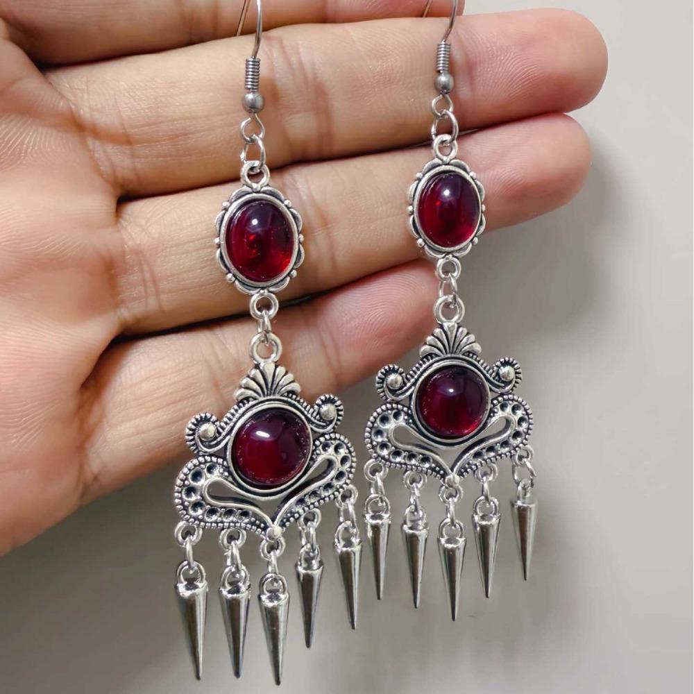 Personality Punk Sliver Color Pointed Cone Tassels Filigree Craft Red Crystal Dangle Earrings for Women Gothic Vampire Jewelry