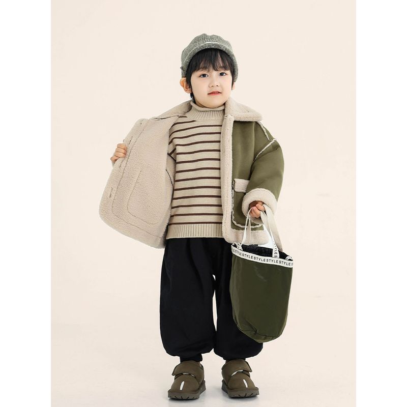 Children's Clothing, Boys' Fleece Jacket, Winter Kidsren's Fur Integrated Cashmere Cardigan, Single-Breasted Top for Small and Medium-Sized Kidsren