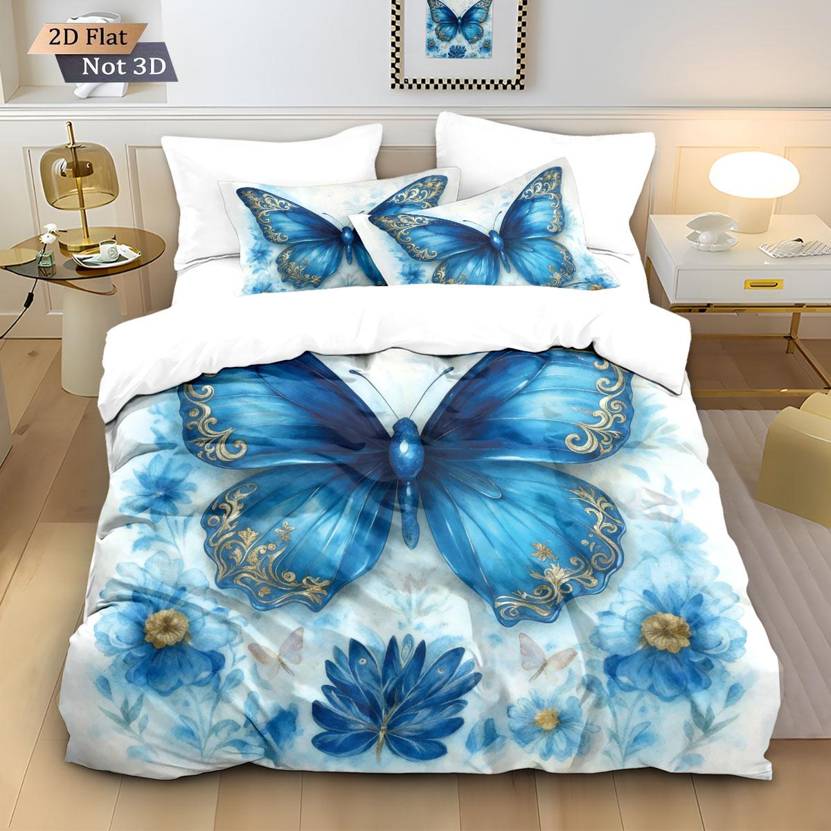 

3pcs blue butterfly printed coreless bedding set, comfortable multi size bedroom and dormitory duvet covers, machine washable 135x200cm-EU-Single&set