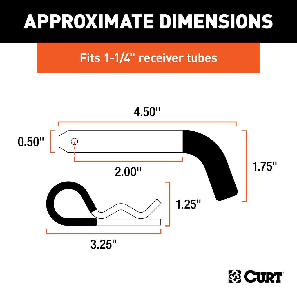 CURT 21410 Anhängerkupplungsstift & Clip mit vinylbeschichtetem Griff, Passend für 1/2" Durchmesser, 1-1/4" Empfänger, Klarzink