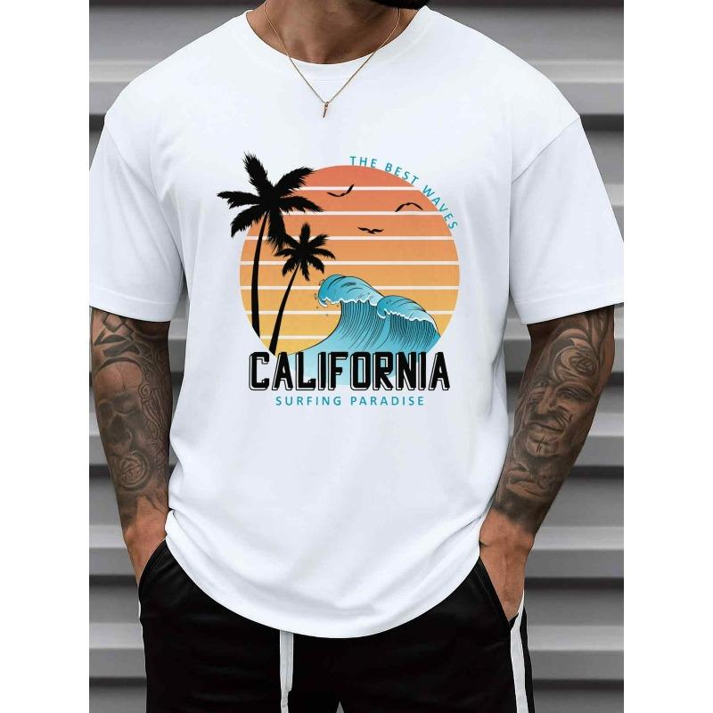 

European sizes Men s California Surf City Print T-Shirt White Short Sleeve Round Neck Casual Surfing Tee with California Location Design 4XL білий