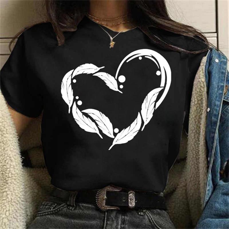 Women Short Sleeve T-shirt Butterfly Love Heart Print - Casual Graphic Tee
