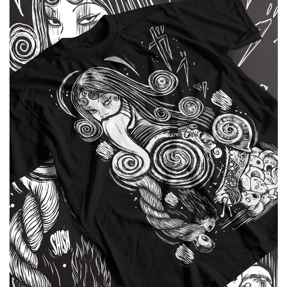 Мужская футболка с изображением Хоррор Манга Хоррор Девушка Черная Аниме Готическая Футболка Манга Готическая Футболка Неактивно 4XL