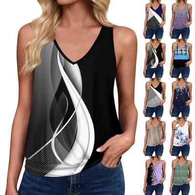 Tank Tops For Women Loose Fit Sleeveless V Neck Retro Printed T-Shirt Ladies Casual Summer Blouses