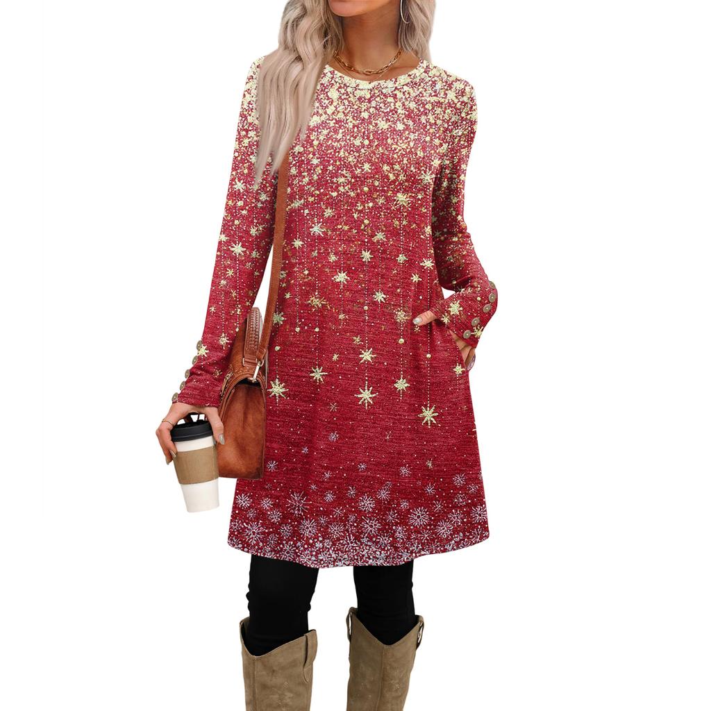 Rochie Casual de Damă la Modă cu Buzunare, Nasturi Decorativi, Imprimeuri de Crăciun, Gât Rotund și Mâneci Lungi