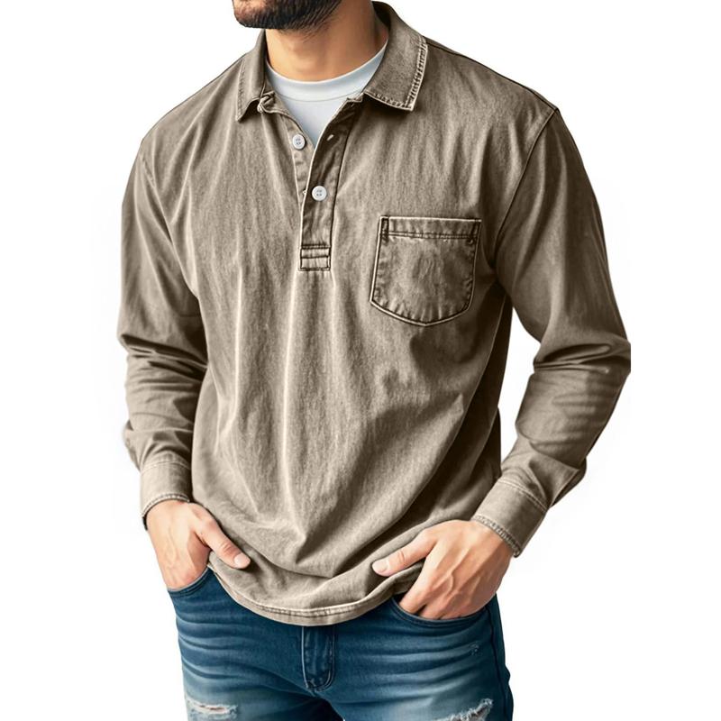 Spring Autumn Men's Retro Solid Color Cotton Polo Shirts Washed Sports Button Pocket Lapel Collar Long Sleeve Tops