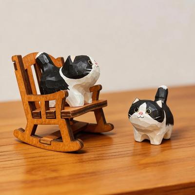 Cute Cow Cat Animals Figurine Decorative Wooden Car Ornament Mini Kitten Statue Rocking Chair For Home Room Desk Gift Keychain