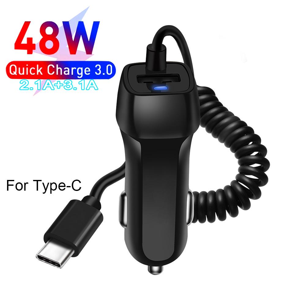 

Автомобильное зарядное устройство с пружинным кабелем USB с кабелем IOS USB Type C, быстрая зарядка для Samsung iPhone Xiaomi, быстрая зарядка QC3.0, автомобильное зарядное устройство Black TC