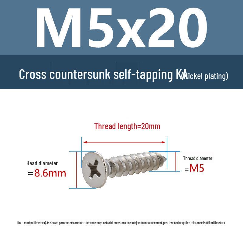 YiguYigu Nickel-Plated Phillips Flat Head Self-Tapping Screws M1-M5, Carbon Steel