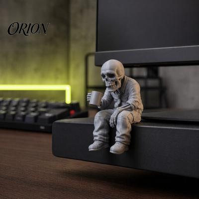 3D Printed Skull Decoration Sitting Skeleton Statue with Coffee Cup, Drinking Exquisite Texture Ornament Figurine, Compact Desktop for Office