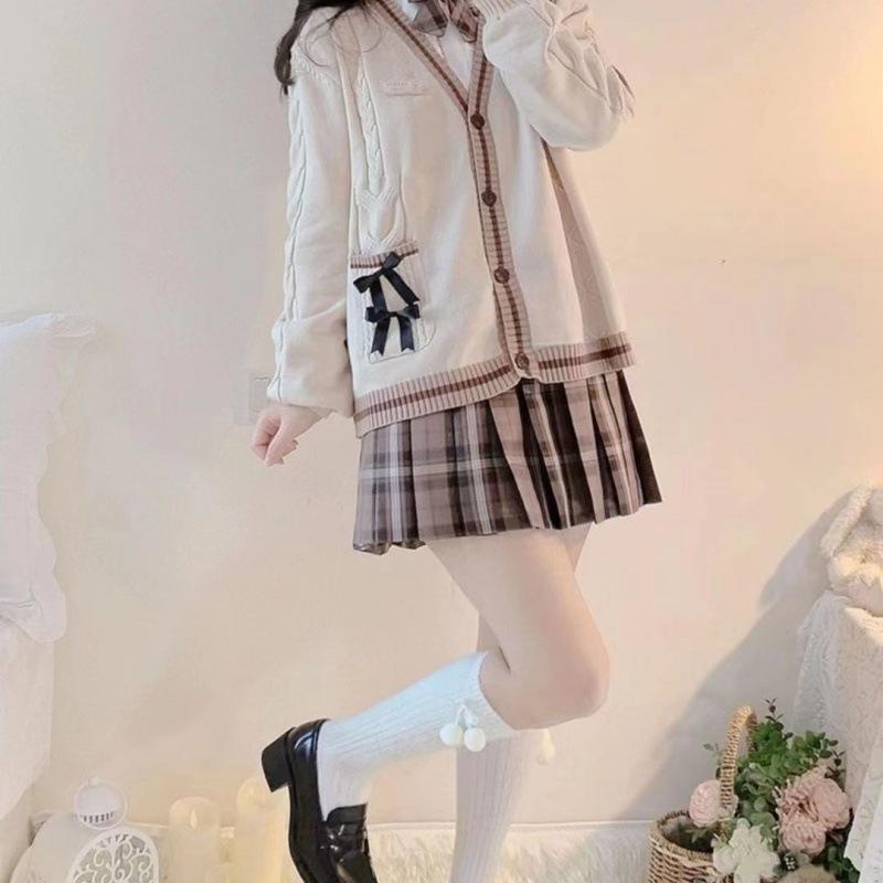 Sweet Bow Knitted Cardigans Y2k Aesthetic All Match Contrast Color Coats Fashion Single Breasted Women Kawaii JK Sweaters Jumper