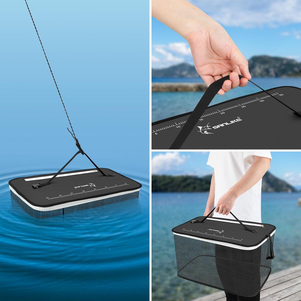 SANLIKE Floating Fishing Net with Scale, Folding Fishing Net, Multi-functional Fishing Tackle, Fishing Case, Bucket (Gray, [S] 40*25*24cm) (Black, S)
