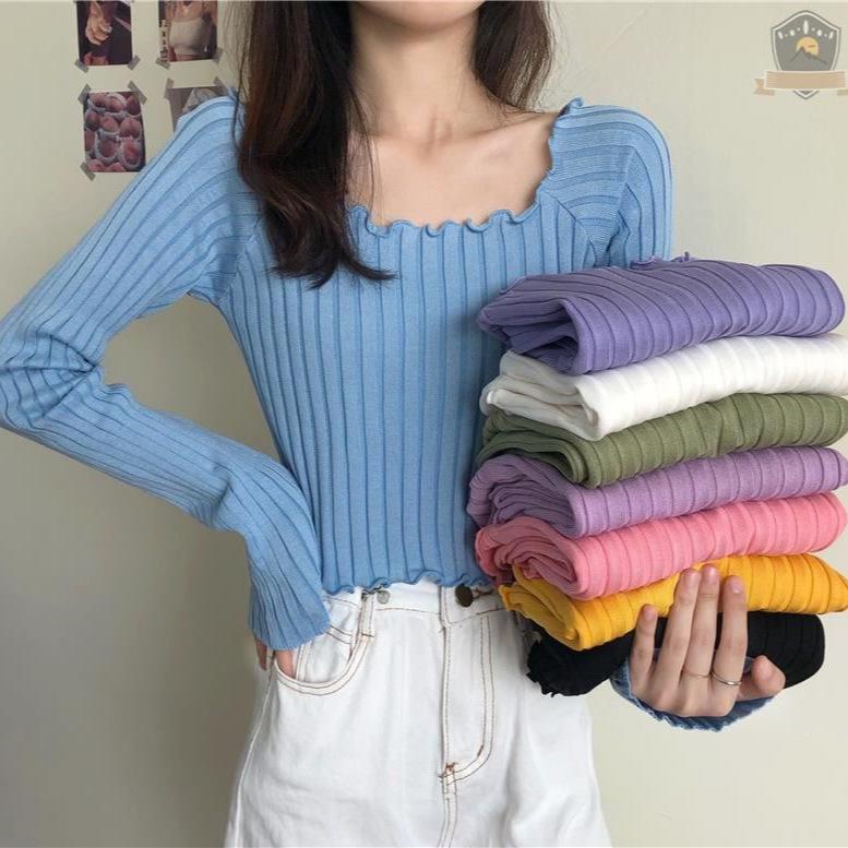 Autumn New Slim Fit Slimming One Shoulder T-shirt for Women Short Knit Sweater, Long Sleeved Top Sweaters