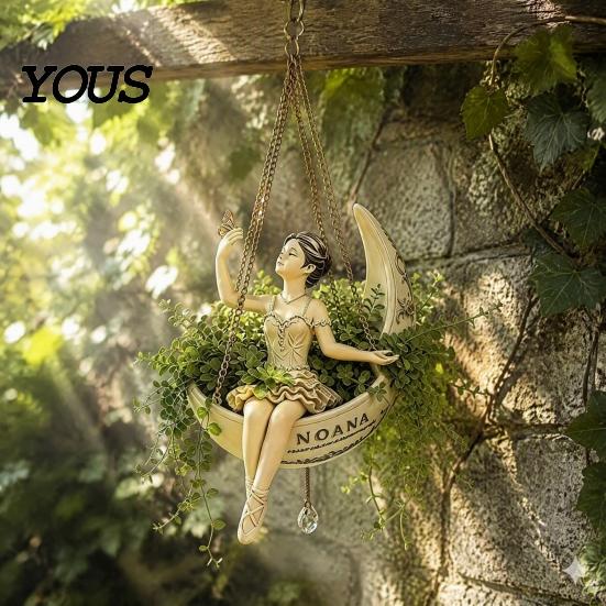 Space Saving Plant Display Ballet Dancer Hanging Planter, Ballerina Sitting on Crescent Pot, Decorative Indoor Outdoor Holder Resin Flower Pot