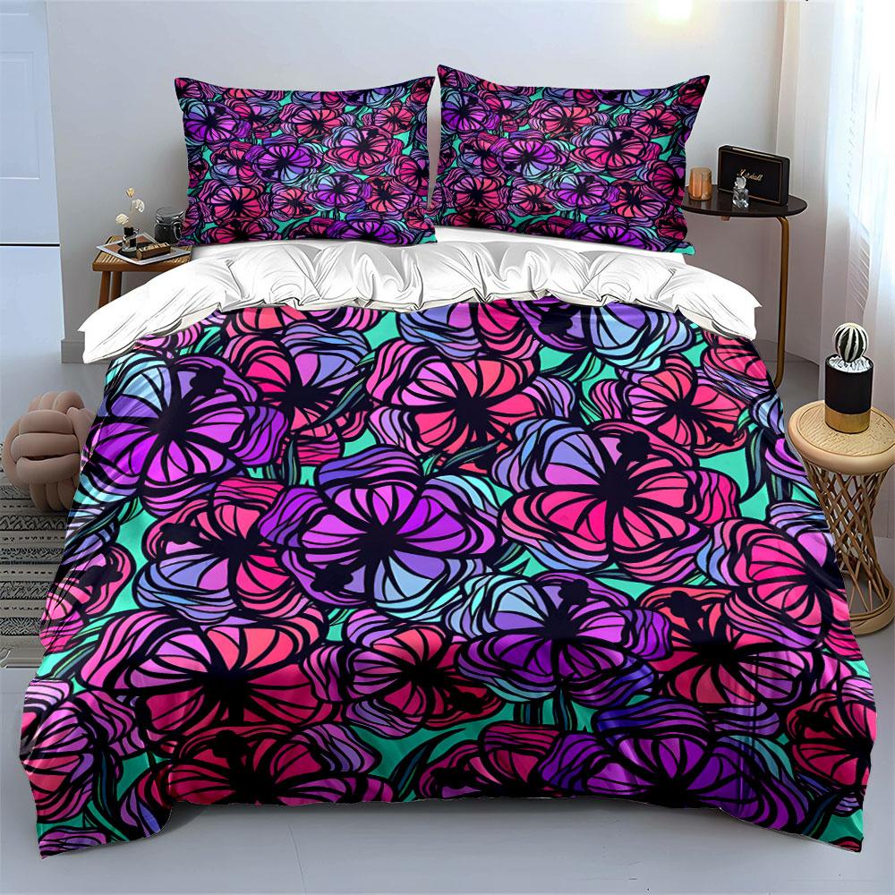 Floral Pattern With Purple And Pink Gradient Bedding Set For Kids Luxury Gift 3Pcs Digital Print Comforter Set Soft Comfortable