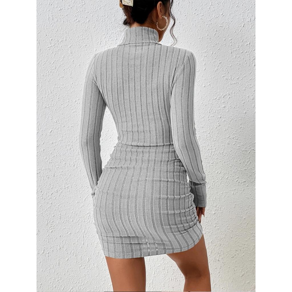 2024 Women Clothing New Solid Dresses Mini Dress Club Elegant Party Dresses Black Solid Turtleneck Long Sleeves SheathDress