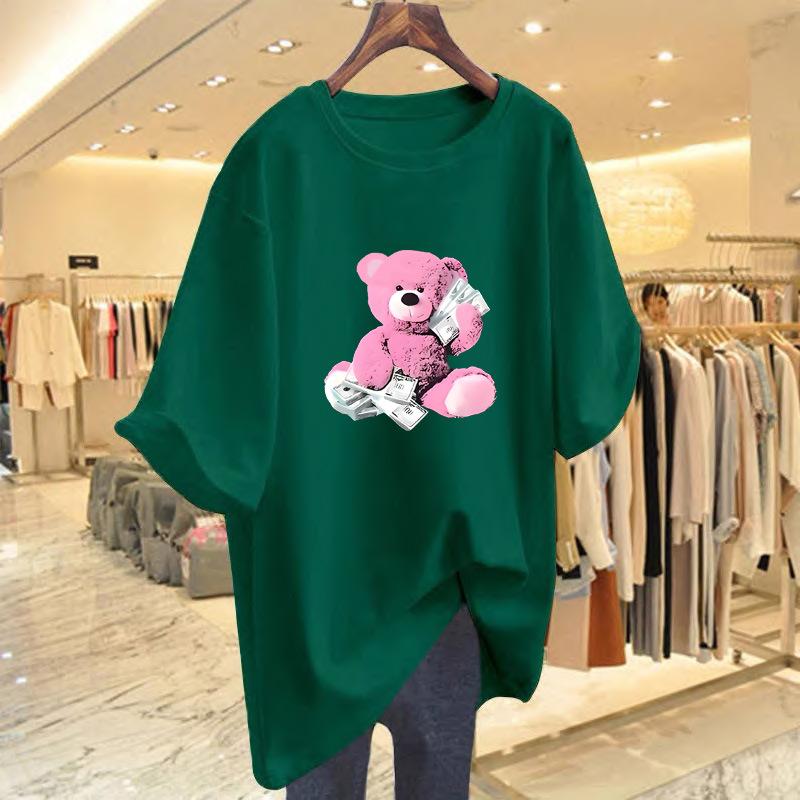 Bear print cotton short-sleeved t-shirt for women's summer new loose round neck medium and long top for women