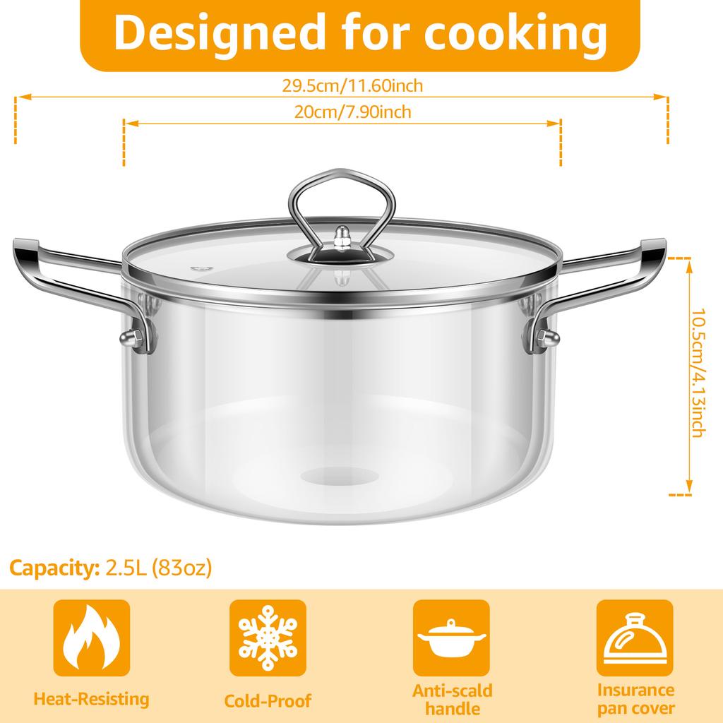 Glass Cooking Pot 2.5L/3.5L Heat Resistant Simmer Pot Clear Glass Pots with Pot Lid Borosilicate Glass Cookware for Kitchen