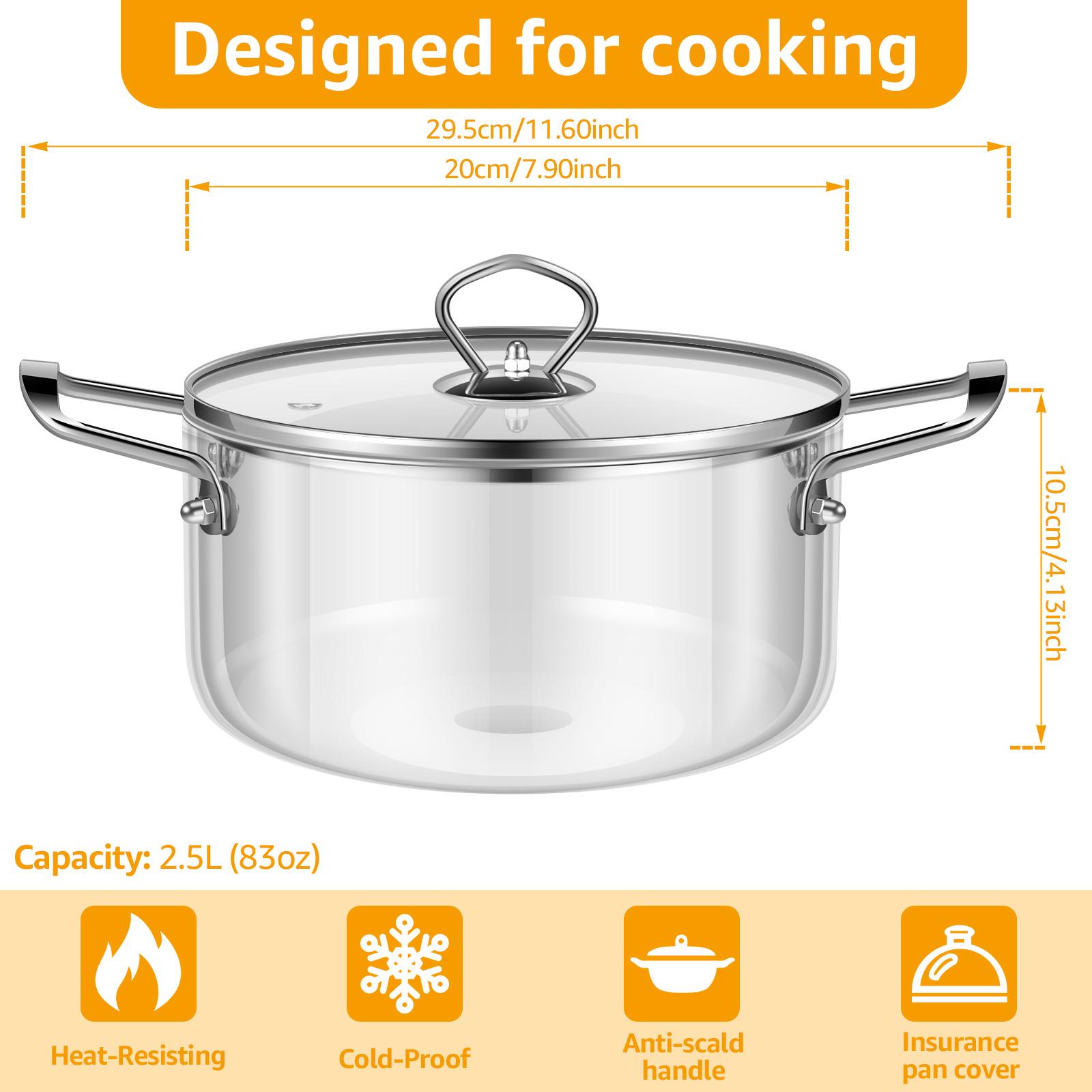 Glass Cooking Pot 2.5L/3.5L Heat Resistant Simmer Pot Clear Glass Pots with Pot Lid Borosilicate Glass Cookware for Kitchen