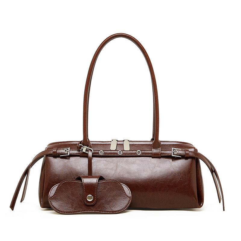 

Leather Retro Locomotive Trendy Cool Belt Decoration Handbag Shoulder Underarm Sausage Baguette Women S Bag 31*13*13 темно-коричневого кольору
