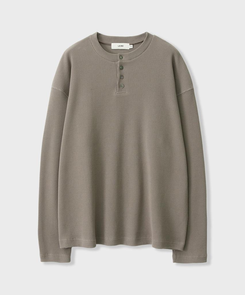 LEIRE Waffel Henley-Hals Langarm-T-Shirt [Mochabraun]