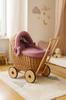 Wicker Doll Pram Walker with Bedding Retro Pink and Soft Padding Stella - Natural