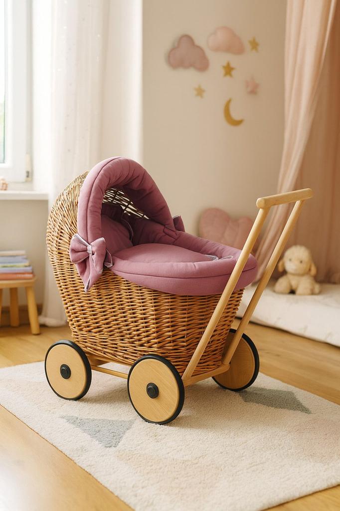 Wicker Doll Pram Walker with Bedding Retro Pink and Soft Padding Stella - Natural