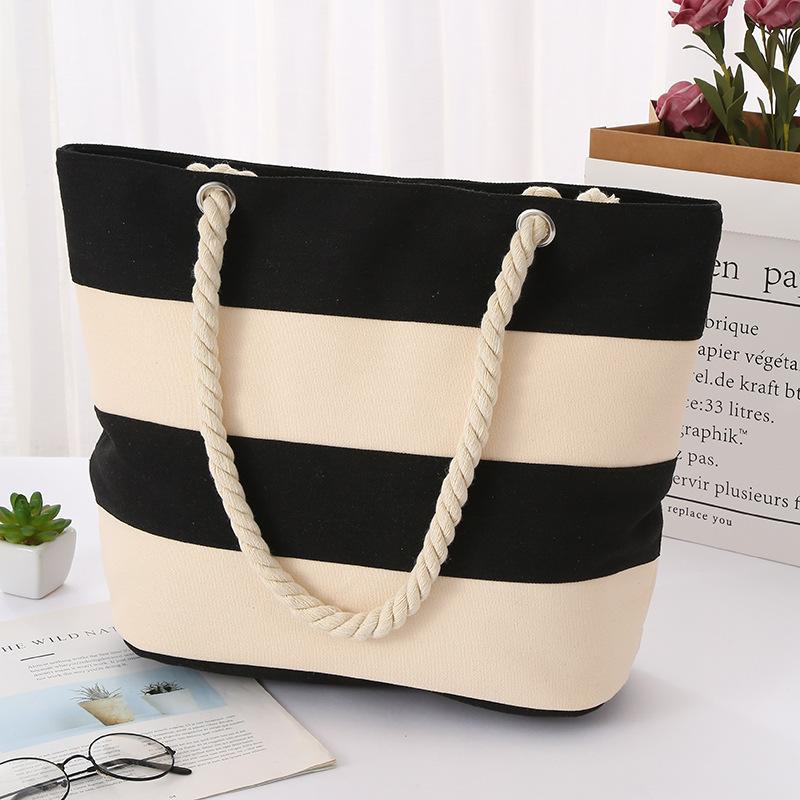 Cotton Rope Portable Canvas Bag Fabric Striped Shoulder Shopping Bag Large Capacity Practical Beach Splicing Shoulder Bag