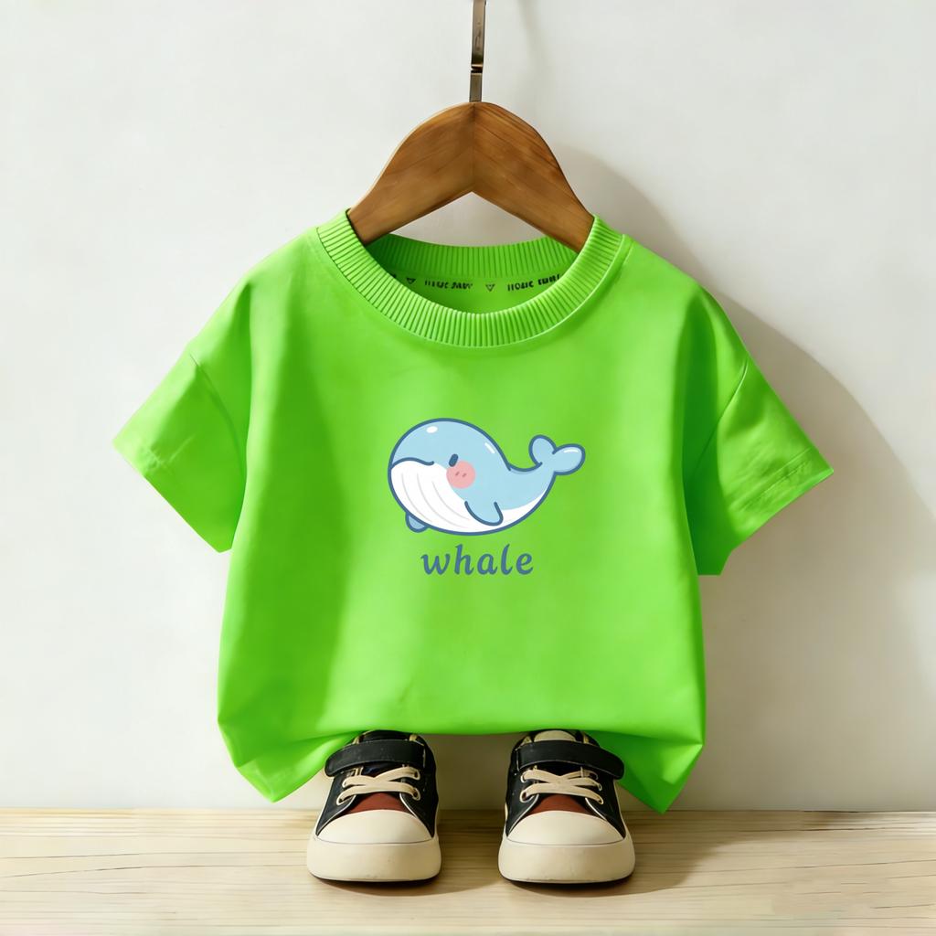 Cartoon Whale Print Children's Daily Short Sleeved Tshirt Boys and Girls Round Neck Short Sleeved Casual Parent-child Top Summer