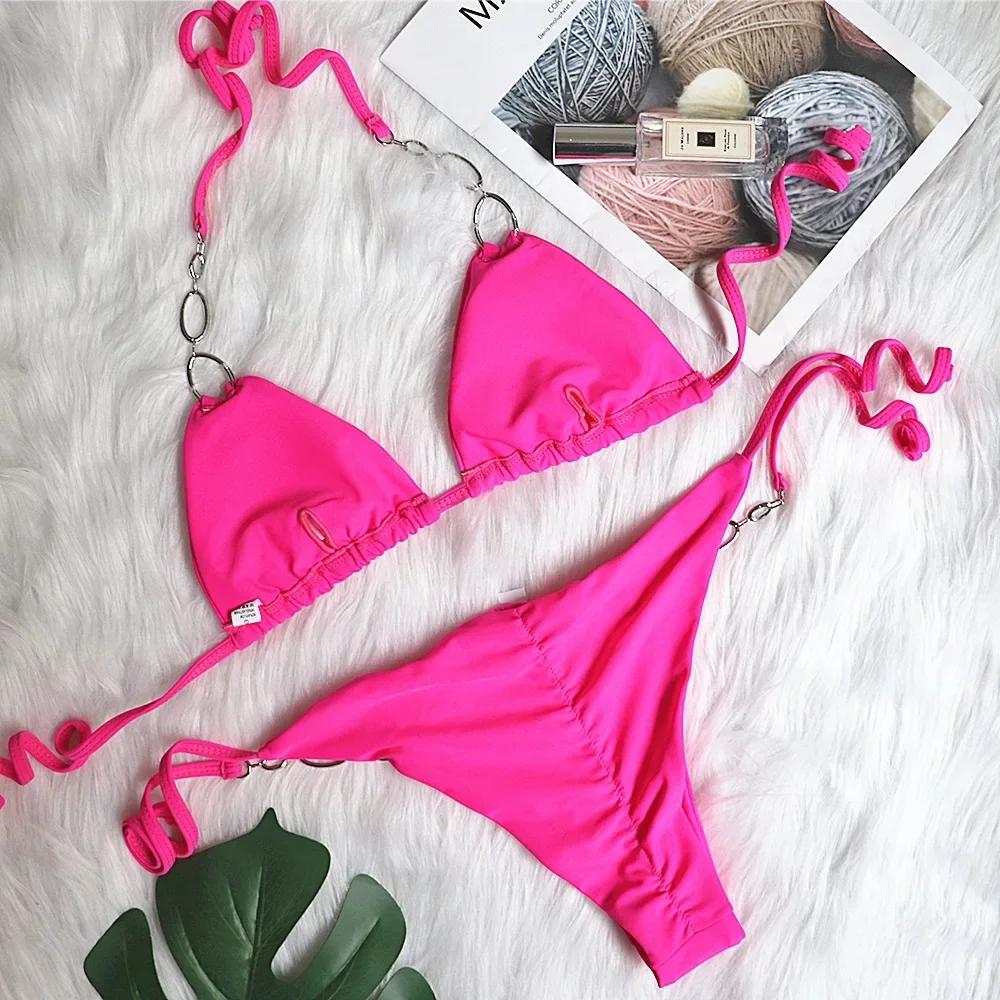 Maillot de bain Sexy avec strass pour femmes, accessoires en métal, fendu, Bikini de vacances, bretelles de couleur unie, européen et américain, nouvelle collection 2024