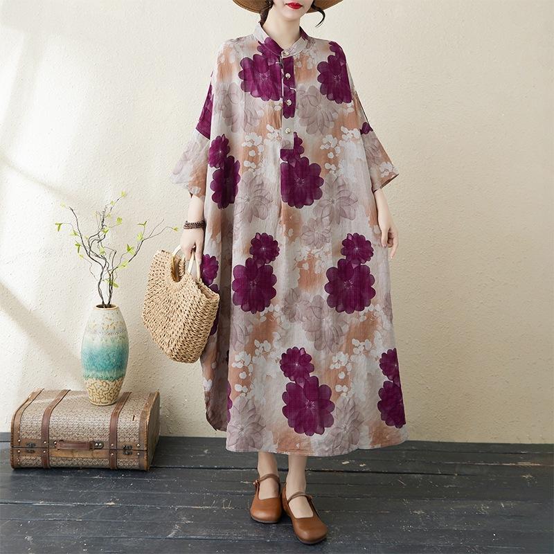 

2025 ранняя весна новый темперамент ретро хлопок и лен с принтом воротник-стойка свободное супердлинное большого размера отпускное платье One Size