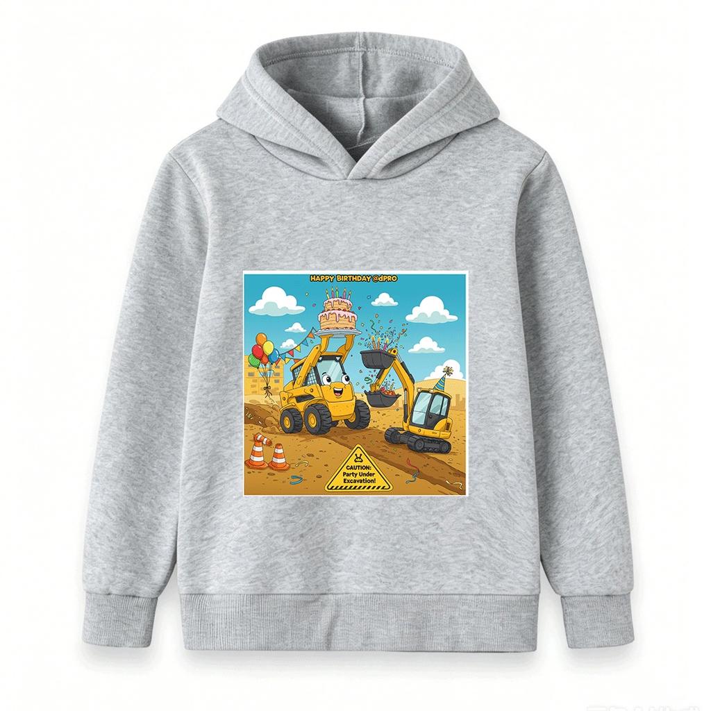 Kids Happy Birthday Construction Truck Hoodie Cartoon Excavator Skid Steer Print Pullover for Boys Girls Casual Party Sweatshirt