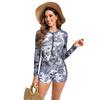 Womens Long Sleeve One-Piece Swimsuit With Front-Back Different Digital Print Zipper Built-in Padded Bra Modest Fit