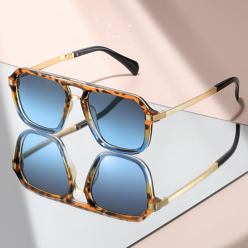 Retro-style simple double-beam flat-top flat mirror metal temple, versatile decorative sunglasses for daily wear