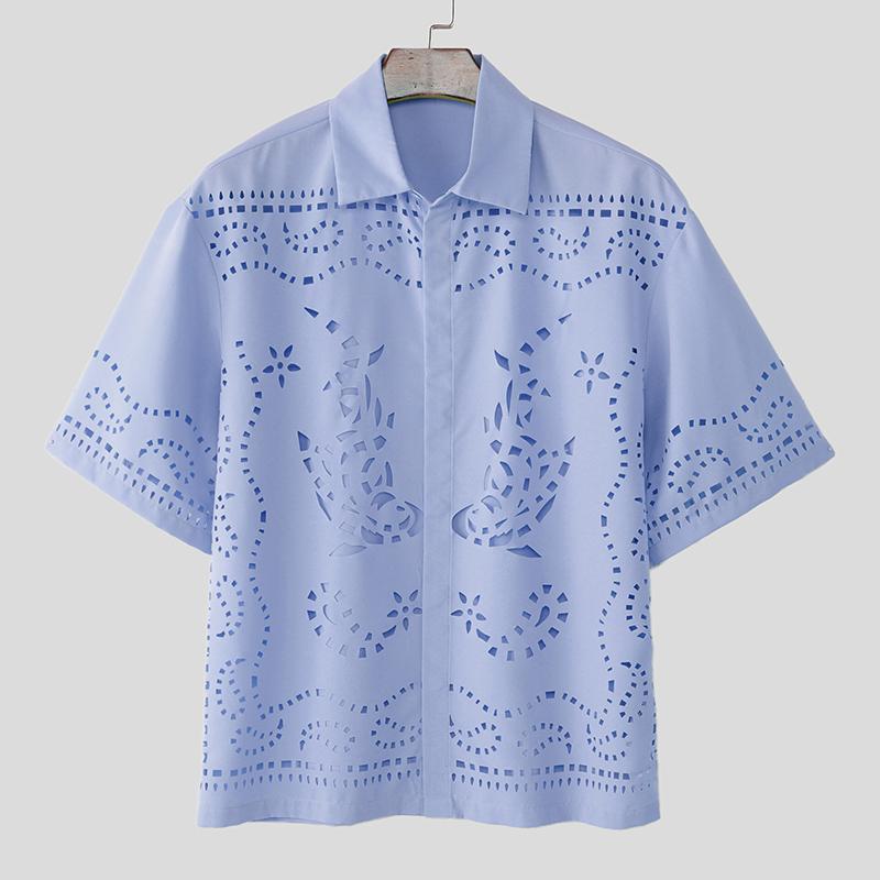 

INCERUN Men Lapel Short Sleeve Hollow Out Casual Oversized Shirts 5XL синий