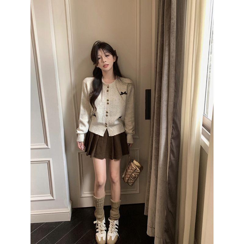 Gentle Sweet Bows Single-Breasted Long Sleeve Sweater Knitwear Women's Autumn Fancy Graceful Slim-Fit Tops