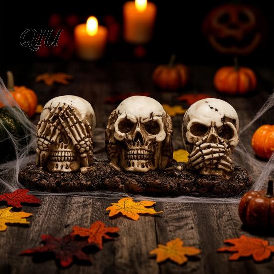 Alte Textur Schädel Sehen Hören Sprechen Kein Böses Figur, Gruselige Halloween Harz Dekoration Skelett Statue für Kaminsims, Tisch, Gothic Wohnkultur Vintage