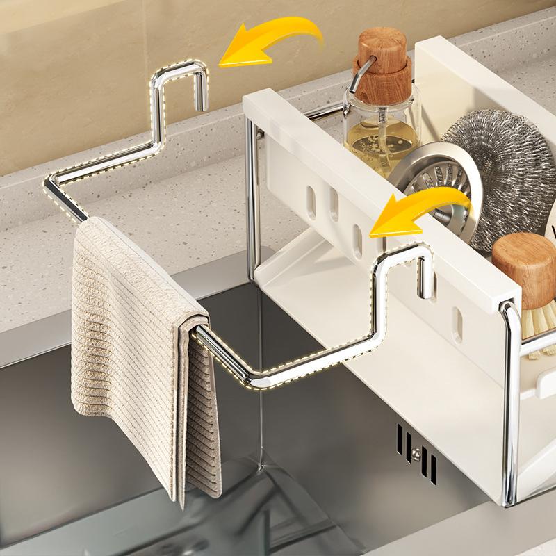Sink Stainless Steel Shelf Desktop Cleaning Tool Storage Rack Sponge Dish Soap Draining Rack With Towel Bar Kitchen Organizer