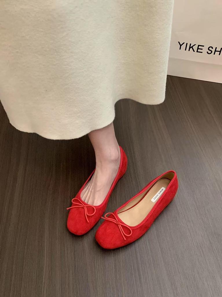Women'S Spring And Autumn Heightening Shoes Suede Child Red New Evening Shoes French Ballet Single Shoes Bow