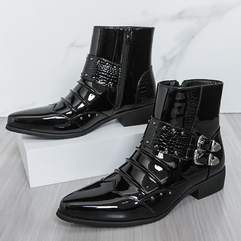 

New Designer Winter High Tops Pointed Punk Rivet Chelsea Ankle Boots For Men s Flats Black Monk Strap Shoes Zapatos Hombre 46