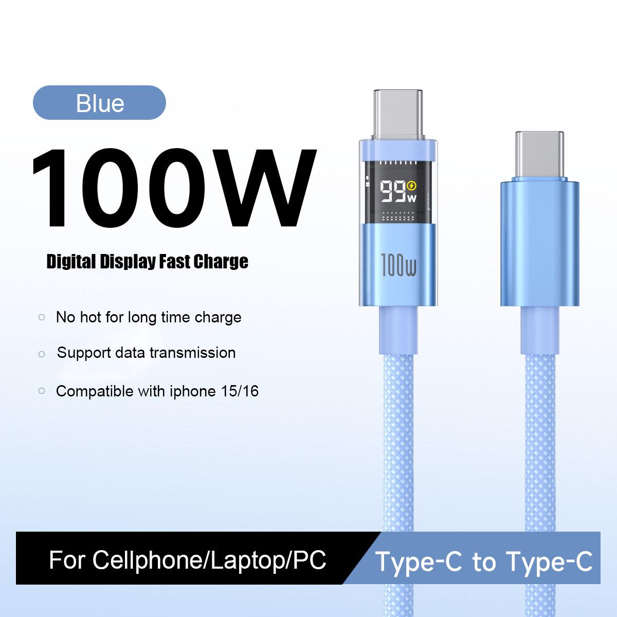 

Цифровой дисплей 100 Вт Кабель для супербыстрой зарядки Type-C на Type-C PD 30 Вт Быстрая зарядка USB на Type-C C-C Для iPhone 15 16 Xiaomi Huawei Type-C to Type-C синий