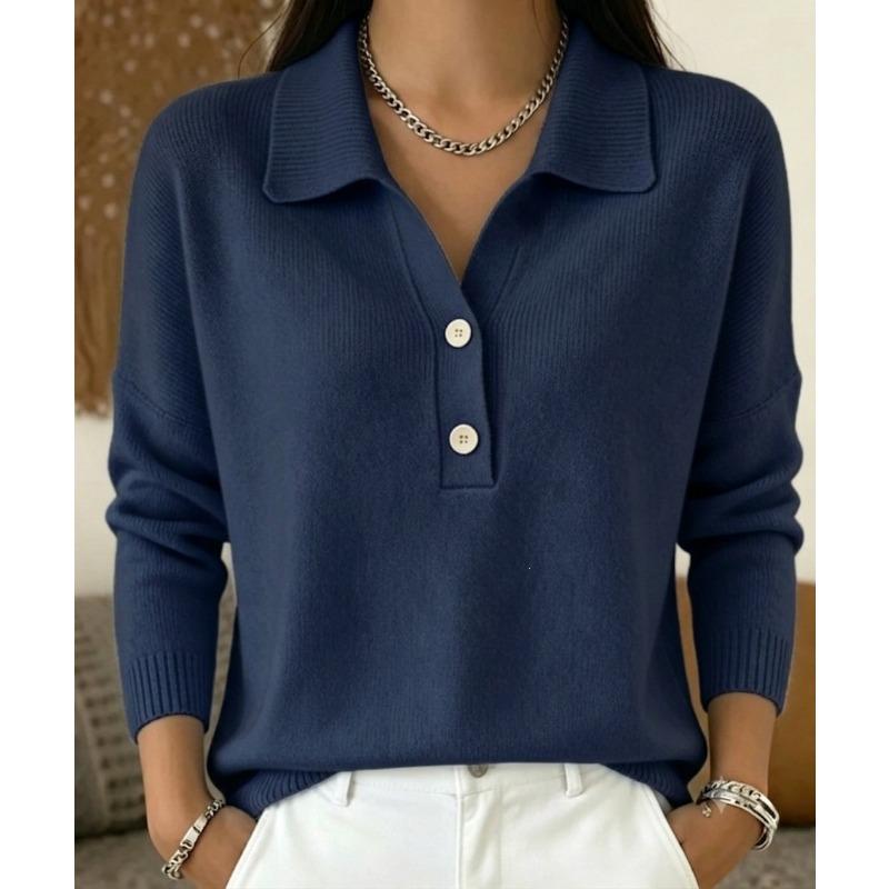 Women S Knitted Buttoned Lapel Loose Casual Long Sleeve Sweater