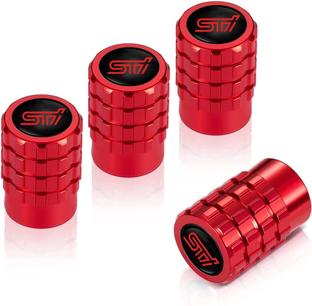 Air Valve Cap, STI Subaru, High-Grade Alloy, for Cars and Motorcycles, Tire Valves, Set of 4, STI, Red