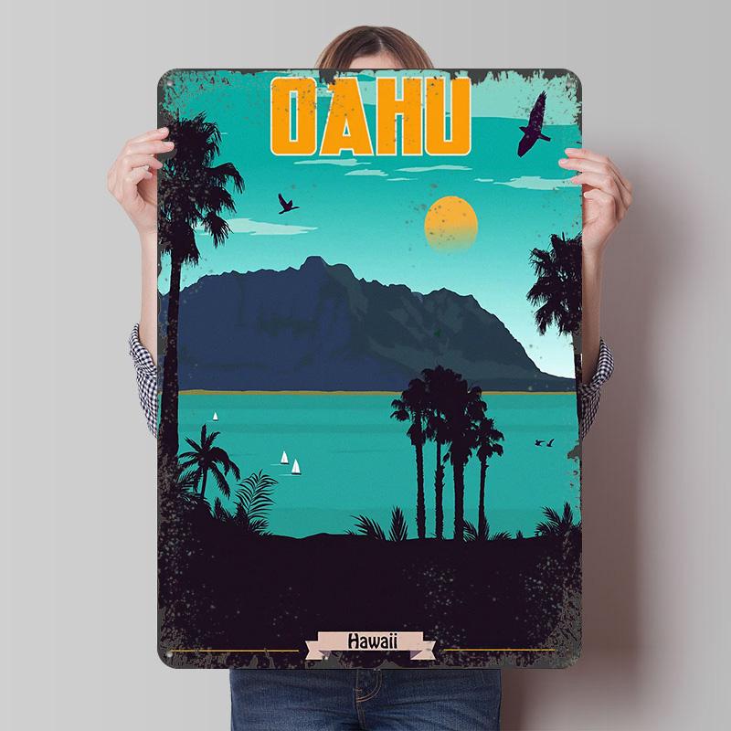 Oahu Hawaii Travel Poster Customized Wall Art Vintage Metal Signs Retro Tin Plaque for Man Cave Bathroom Decor Office Decoration